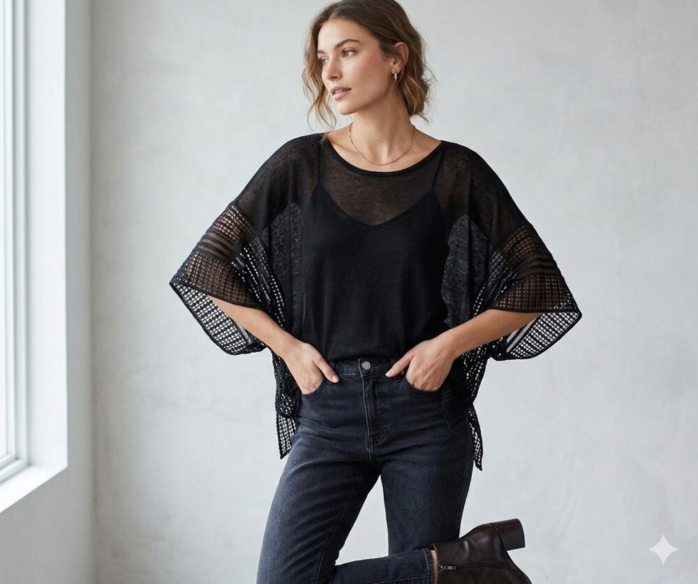 WHBM Women’s Black Open Knit Crochet Edge Poncho Top Small